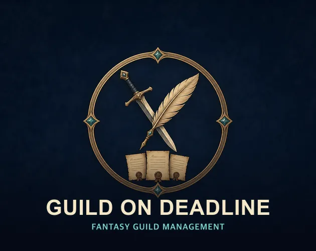 검과 깃펜 문장이 그려진 guild on deadline 타이틀 화면