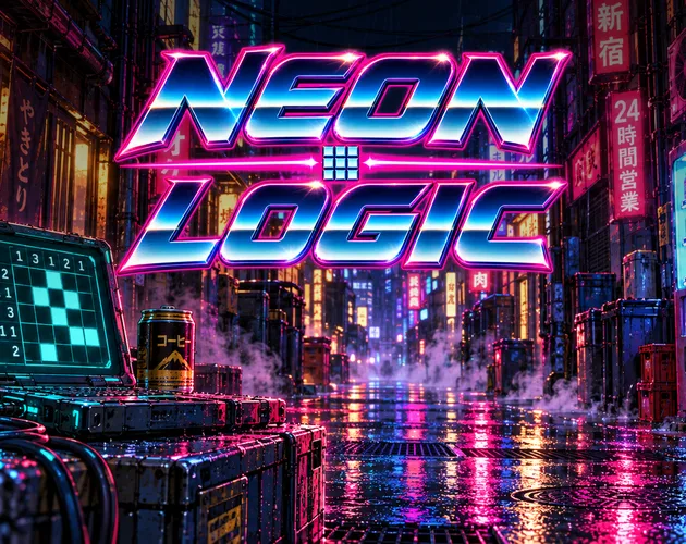비에 젖은 네온 거리와 NEON LOGIC 타이틀