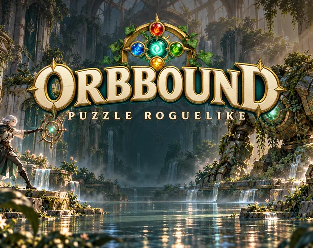 숲속 폭포 위에 떠 있는 ORBBOUND 타이틀