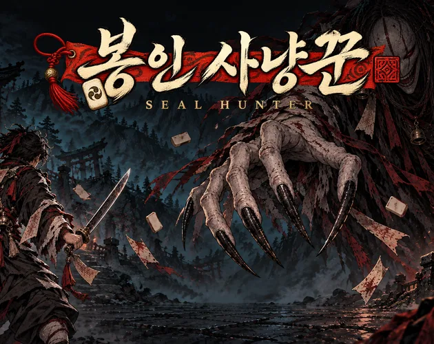 요괴의 손톱과 봉인 사냥꾼 타이틀이 그려진 Rummy Roguelike 화면