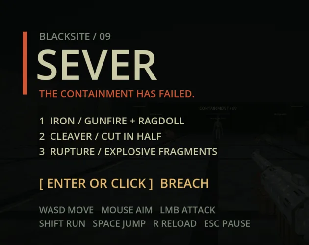 SEVER 타이틀과 조작 안내가 적힌 Blacksite 09 시작 화면